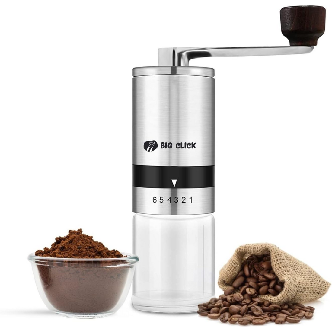 Manual Coffee Grinder with 6 Adjustable Settings & Metal Handle Ceramic Burr Mill & Stainless Steel Body