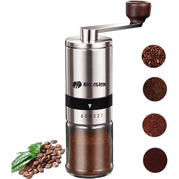 Manual Coffee Grinder with 6 Adjustable Settings & Metal Handle Ceramic Burr Mill & Stainless Steel Body
