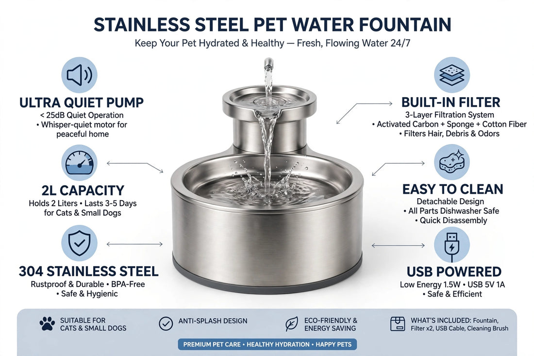 Stainless Steel Automatic Pet Water Fountain - 2L Fresh Filtered Water for Cats & Dogs