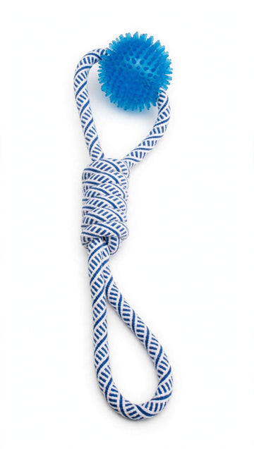 Durable Dog Rope Ball Chew Toy - Blue Spiky Ball with Cotton Rope - Interactive Tug Toy