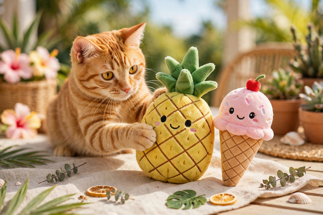 Summer Cat Toys - Pineapple & Ice Cream Plush Toys Set - Cute Interactive Catnip Toys